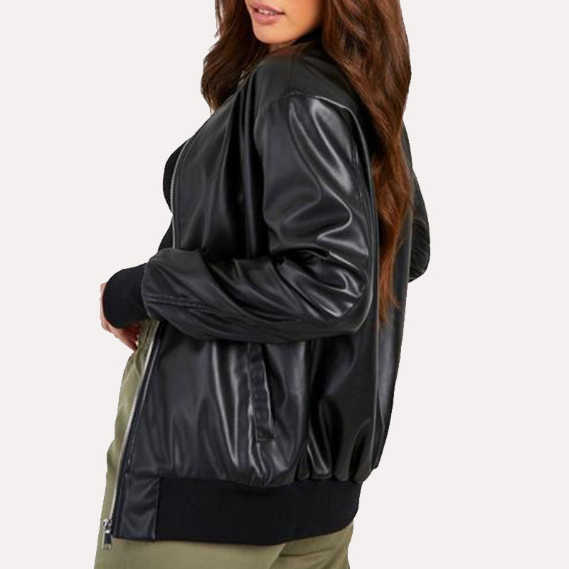 Oversized Womens Black Bomber Leather Jacket Leather Jacket women detail view 3 | Dash Racegear — Oversized Womens Black Bomber Leather Jacket
