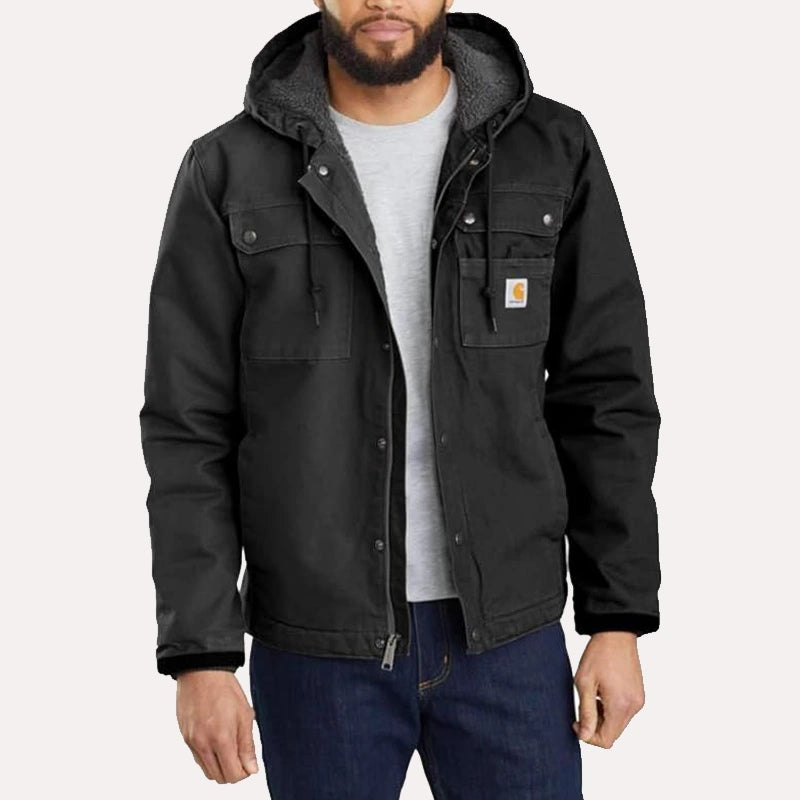 Mens Black Hooded Carhartt Jacket Jacket unisex front product view | Dash Racegear — Carhartt men's black hoodie jacket