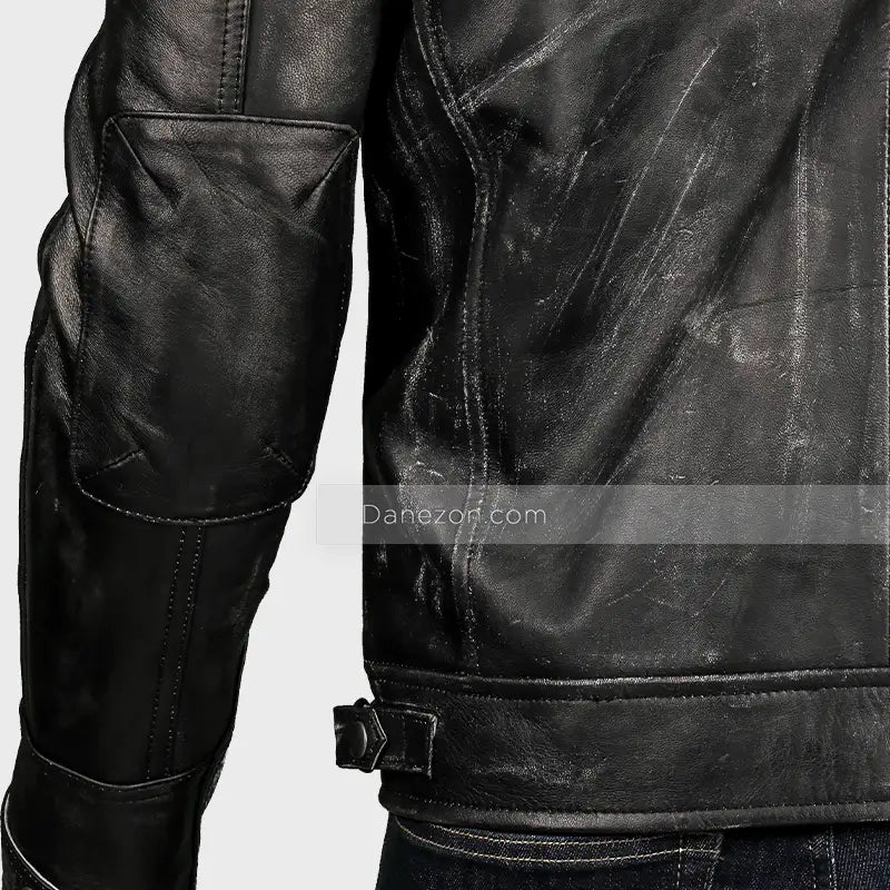 Mens Black Distressed Cafe Racer Leather Jacket Leather Jacket men detail view 4 | Dash Racegear — Black Cafe Racer Distressed Leather Jacket
