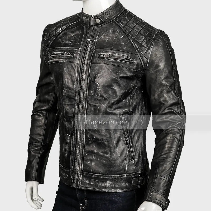 Mens Black Distressed Cafe Racer Leather Jacket Leather Jacket men detail view 3 | Dash Racegear — Black Distressed Cafe Racer Jacket