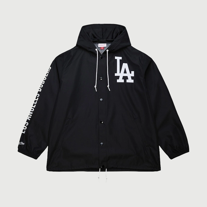Black Dodgers Coaches Hooded Windbreaker Jacket Jacket unisex front product view | Dash Racegear — This Dodgers black windbreaker hoodie brings sport utility to everyday style.