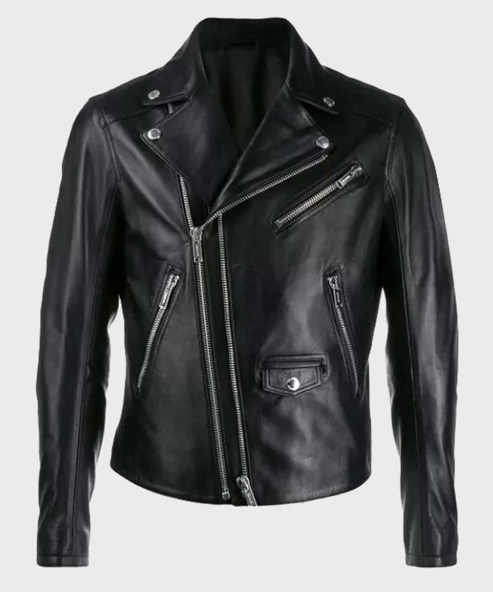 Black Double-Zip Motorcycle Jacket Biker Jacket unisex front product view | Dash Racegear — Double-Zip Black Biker Leather Jacket