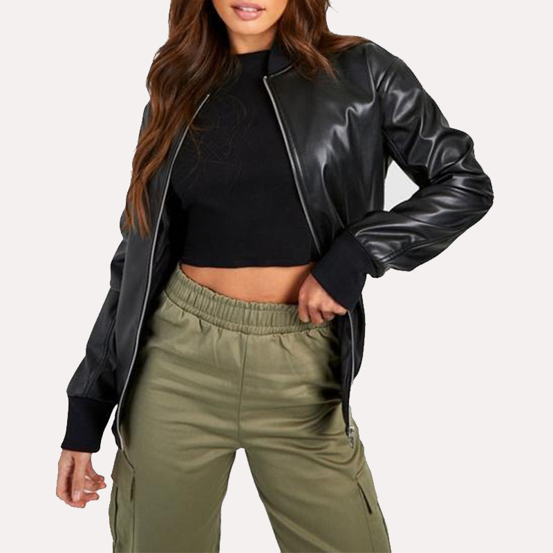 Oversized Womens Black Bomber Leather Jacket Leather Jacket women front product view | Dash Racegear — Oversized Womens Black Bomber Leather Jacket