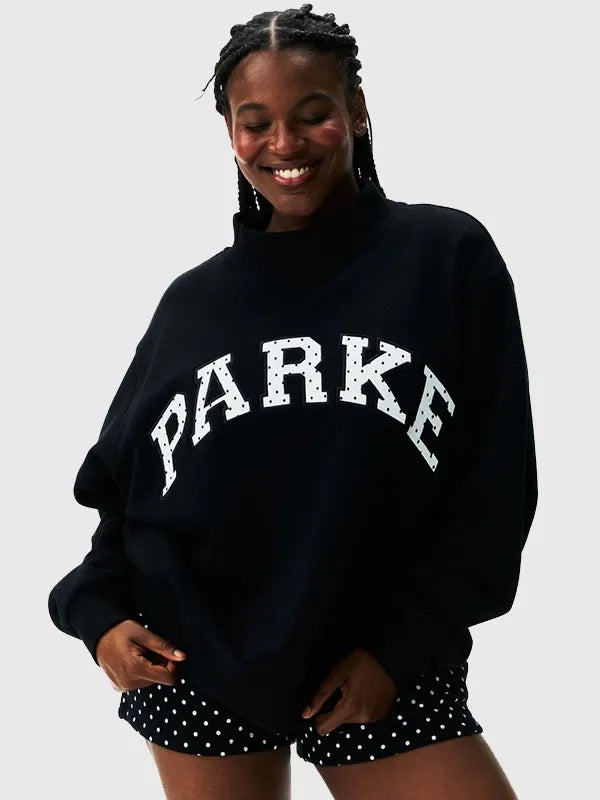 Parke Polka Dot Letter Varsity Mockneck Sweatshirt Sweatshirt unisex detail view 7 | Dash Racegear — Midnight black Parke sweatshirt recreated with playful dot layout and raised varsity lettering