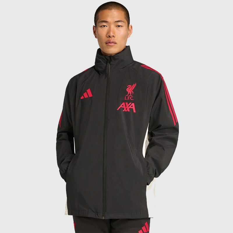 LFC Adidas 25/26 Domestic Rain Jacket Jacket unisex detail view 2 | Dash Racegear — LFC 2025/26 domestic black fleece jacket with water-repellent features