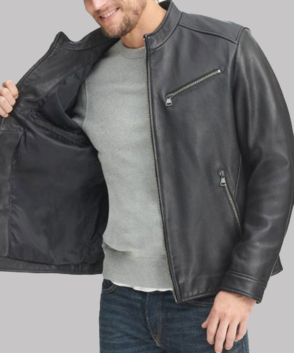 Mens Black Leather Stand-up Collar Jacket Jacket men detail view 3 | Dash Racegear — Black Genuine Leather Jacket for Mens