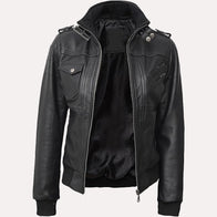 Womens Black Hooded Bomber Leather Jacket Leather Jacket women front product view | Dash Racegear — Womens Black Hooded Bomber Leather Jacket with Removeable Hood