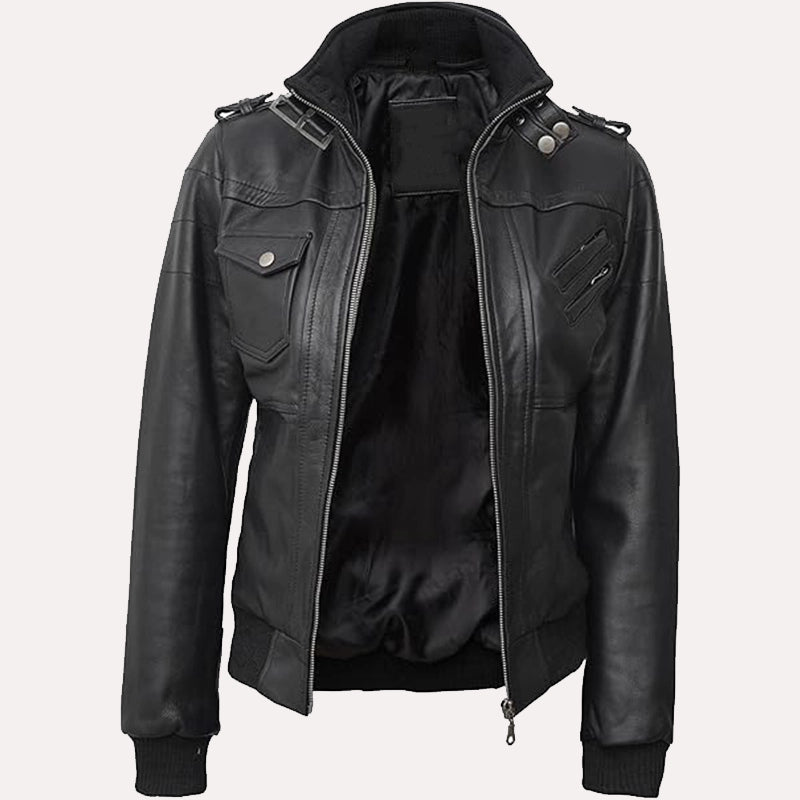 Womens Black Hooded Bomber Leather Jacket Leather Jacket women front product view | Dash Racegear — Womens Black Hooded Bomber Leather Jacket with Removeable Hood