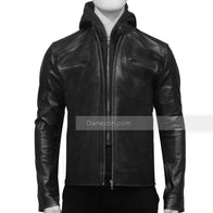 Mens Black Hooded Leather Jacket Bomber Jacket men front product view | Dash Racegear — Black Biker Hooded Mens Jacket