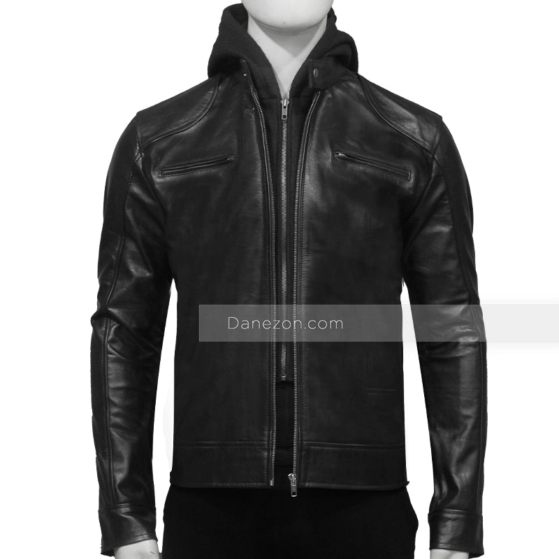 Mens Black Hooded Leather Jacket Bomber Jacket men front product view | Dash Racegear — Black Biker Hooded Mens Jacket
