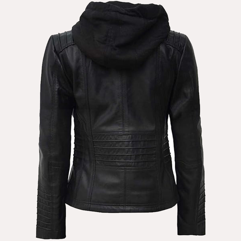 Womens Black Hooded Leather Jacket Leather Jacket women detail view 3 | Dash Racegear — Womens Black Hooded Leather Jacket