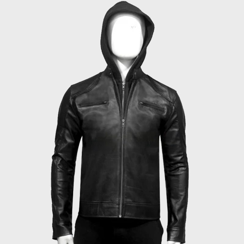 Mens Black Hooded Leather Jacket Bomber Jacket men detail view 5 | Dash Racegear — Black Hooded Leather Jacket