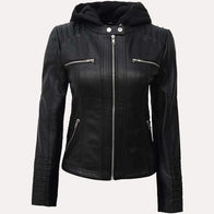 Womens Black Hooded Leather Jacket Leather Jacket women front product view | Dash Racegear — Womens Black Hooded Leather Jacket