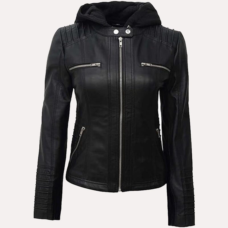 Womens Black Hooded Leather Jacket Leather Jacket women front product view | Dash Racegear — Womens Black Hooded Leather Jacket