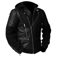 Mens Black Hooded Biker Quilted Leather Jacket Leather Jacket men front product view | Dash Racegear — Mens Black Hooded Biker Quilted Leather Jacket