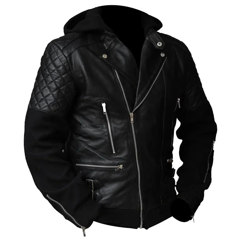 Mens Black Hooded Biker Quilted Leather Jacket Leather Jacket men front product view | Dash Racegear — Mens Black Hooded Biker Quilted Leather Jacket