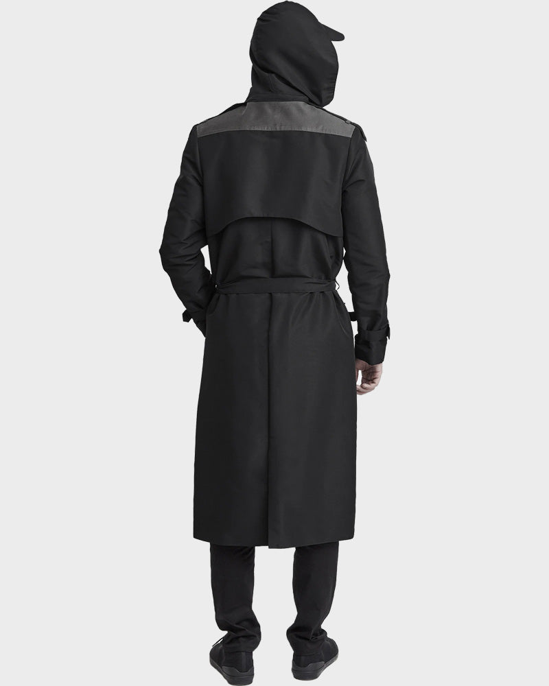 Black Long Zipper Raincoat Coat unisex detail view 2 | Dash Racegear — Black Hooded Raincoat for Mens