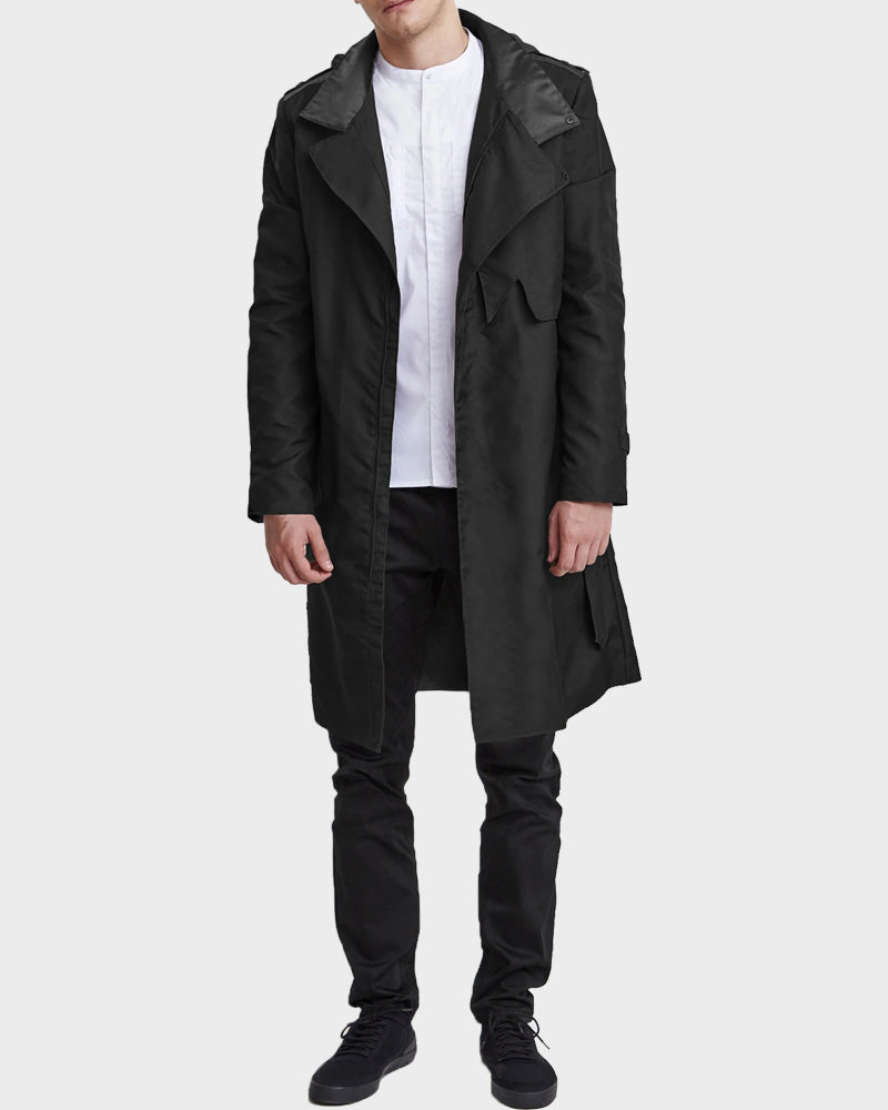 Mens Black Mid-Length Coat Coat men front product view | Dash Racegear — Mens Black Hooded Mid-Length Coat