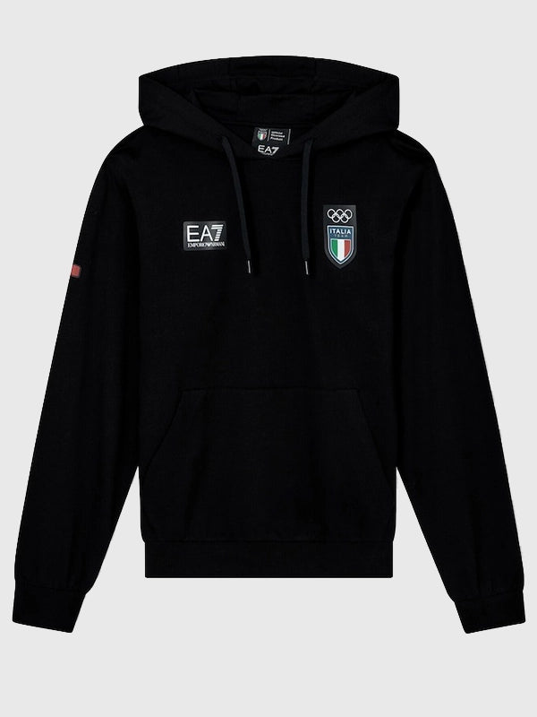 Winter Olympics 2026 Team Italy EA7 Emporio Armani Hoodie Hoodie unisex front product view | Dash Racegear — Black EA7 Emporio Armani Milano Cortina 2026 Winter Olympics Team Italy Fleece Pullover Hoodie, warm pullover designed for fans and athletes.