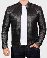 Black Johnson Men Leather Jacket Leather Jacket men front product view | Dash Racegear — Genuine Men’s Johnson Black Leather Jacket