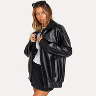 Womens Black Oversized Leather Jacket Leather Jacket women detail view 3 | Dash Racegear — Black Oversized Bomber Jacket for Women