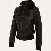 Womens Black Leather Hooded Bomber Jacket Bomber Jacket women detail view 3 | Dash Racegear — Womens Black Leather Hooded Bomber Jacket