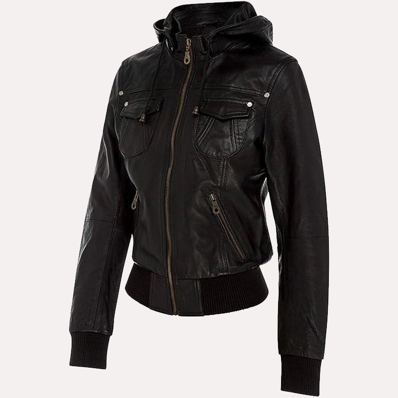Womens Black Leather Hooded Bomber Jacket Bomber Jacket women detail view 3 | Dash Racegear — Womens Black Leather Hooded Bomber Jacket