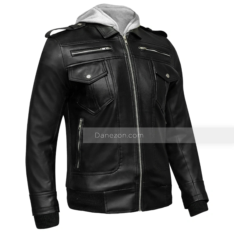 Mens Black Leather Jacket with Grey Hood Leather Jacket men detail view 2 | Dash Racegear — grey hood leather jacket mens