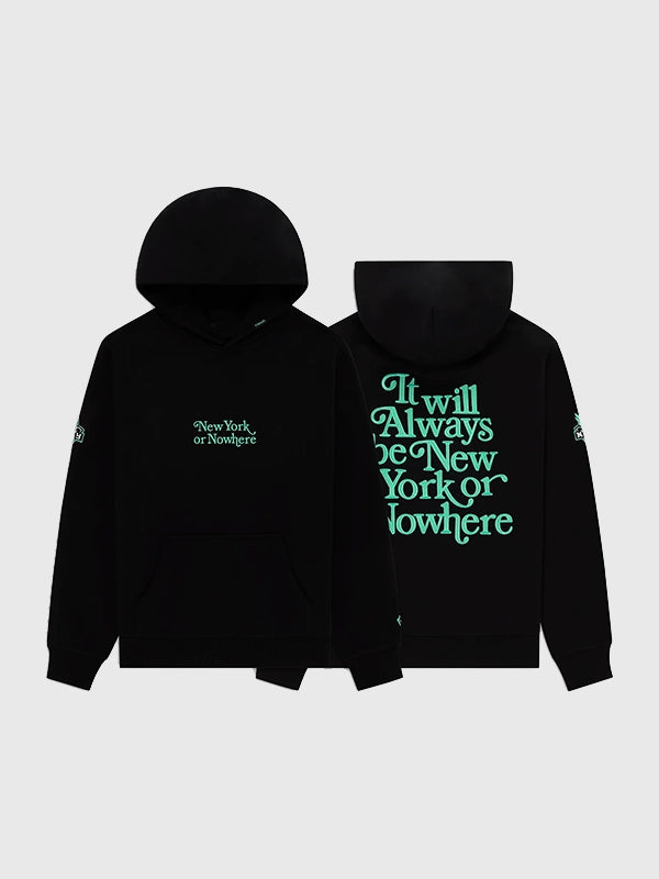 Liberty Motto Hoodie Hoodie unisex front product view | Dash Racegear — New York or Nowhere Liberty Motto Black Fleece Pullover Hoodie with a relaxed unisex fit and cozy comfort.
