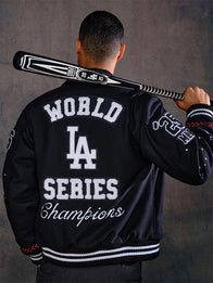 Los Angeles Dodgers Joshua Vides x Fanatics World Series Champions Varsity Jacket Varsity Jacket unisex detail view 2 | Dash Racegear — Dodgers Joshua Vides Fanatics Black Champions Varsity Jacket