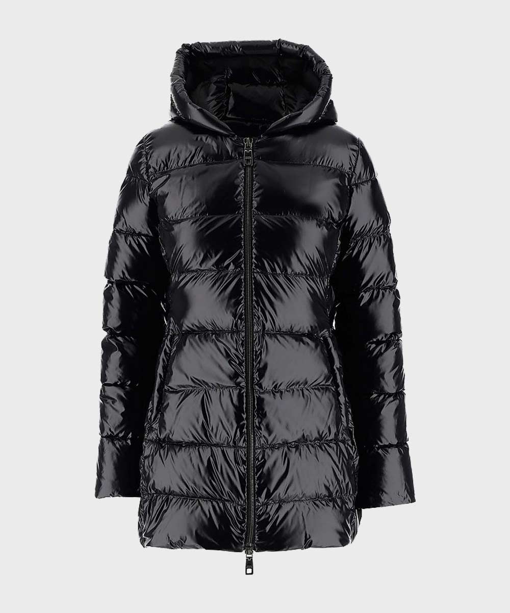 Black Mid-Length Puffer Coat Coat unisex front product view | Dash Racegear — Black Hooded Puffer Coat