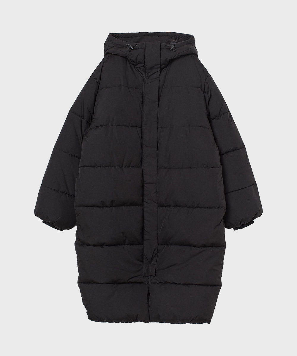 Black Mid-Length Puffer Hooded Coat Coat unisex front product view | Dash Racegear — Mid-Length Hooded Black Puffer Coat