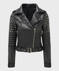 Womens Black Motorcycle Studded Jacket Biker Jacket unisex front product view | Dash Racegear — Black Biker Silver Studded Moto Jacket