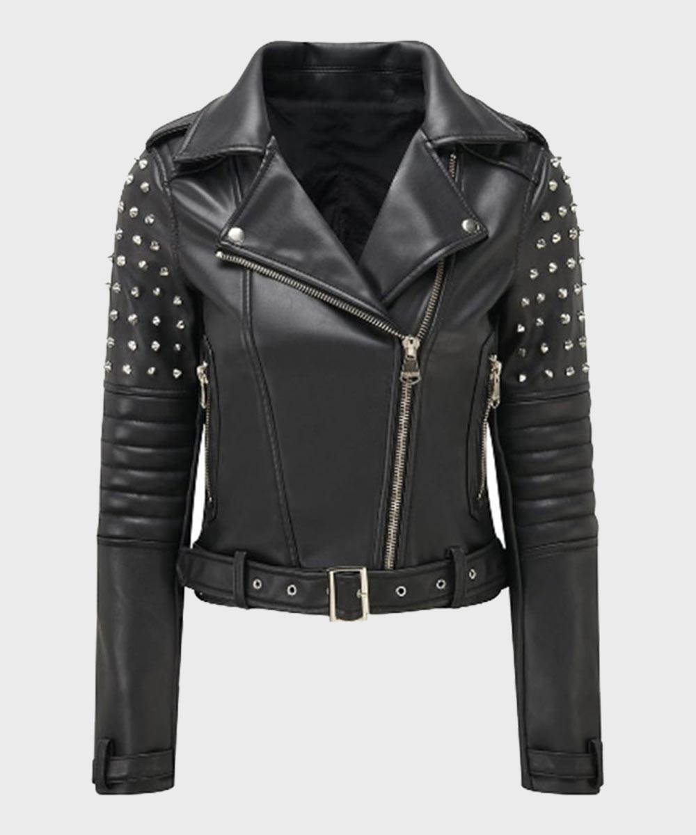 Womens Black Motorcycle Studded Jacket Biker Jacket unisex front product view | Dash Racegear — Black Biker Silver Studded Moto Jacket