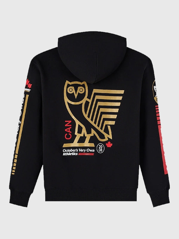 OVO x Hockey Canada Fleece Hoodie Hoodie unisex detail view 3 | Dash Racegear — Stay cozy and stylish in the OVO Hockey Canada Black Pullover Fleece Hoodie, designed for hockey lovers on the move.