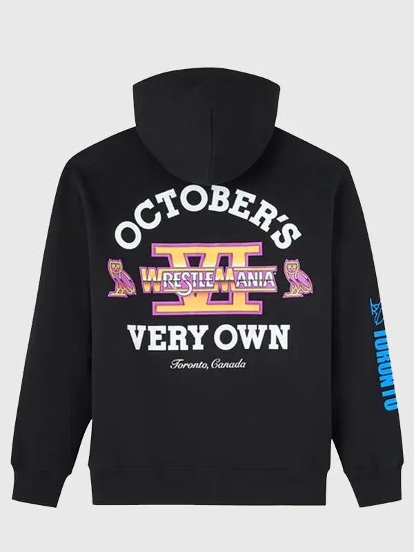 OVO x WWE Wrestlemania VI Hoodie Hoodie unisex detail view 2 | Dash Racegear — 2026 OVO WWE WrestleMania VI black hoodie, full-zip casual wear with bold wrestling street style.