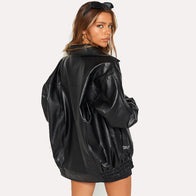 Womens Black Oversized Leather Jacket Leather Jacket women detail view 2 | Dash Racegear — Oversized Black Bomber Jacket for Women