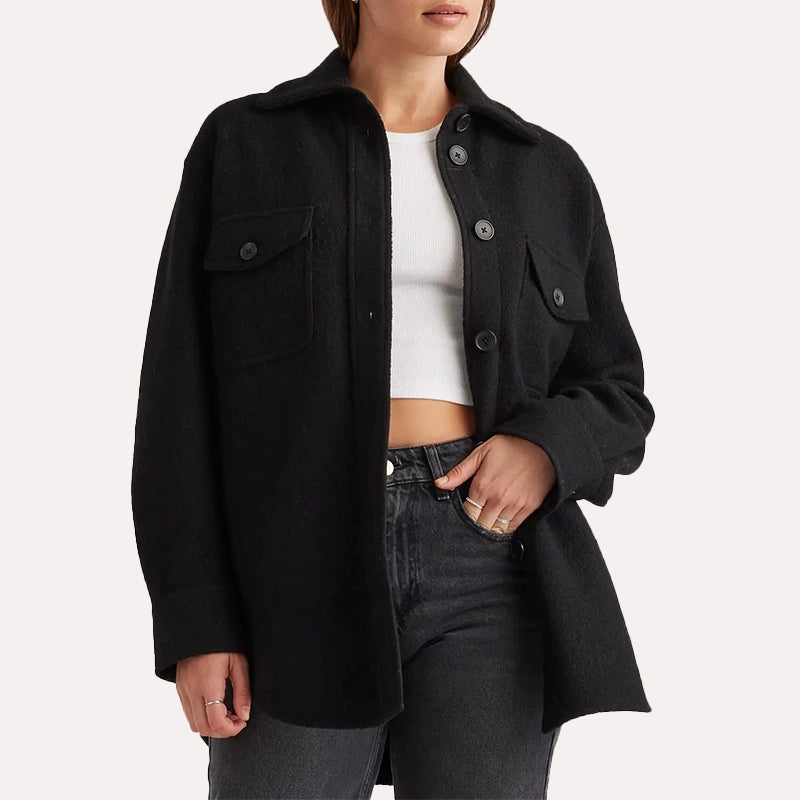 Womens Black Oversized Wool Shirt Shirt women front product view | Dash Racegear — Black Oversized Wool Shirt Jacket