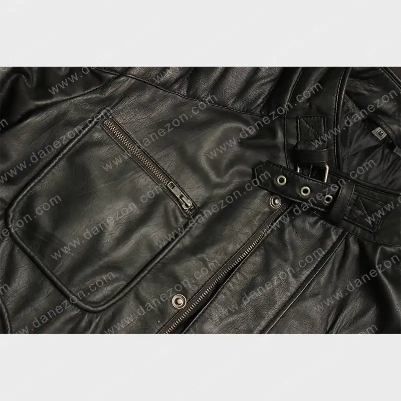Mens Padded Shoulder Black Leather Jacket Leather Jacket men detail view 3 | Dash Racegear — Mens Black Leather Padded Shoulder Biker Jacket