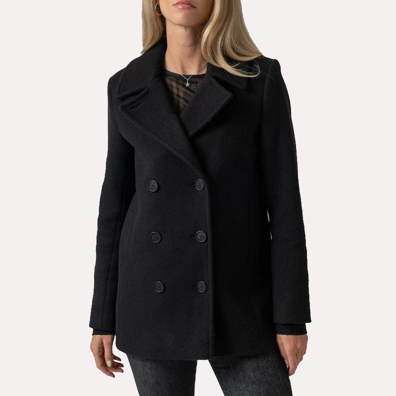 Womens Black Peacoat Jacket women front product view | Dash Racegear — Double Breasted Black Wool Peacoat