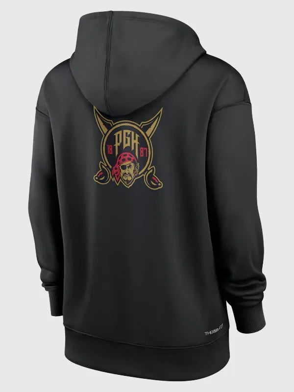 Pittsburgh Pirates 2026 City Connect Hoodie Hoodie unisex detail view 4 | Dash Racegear — Pirates Nike 2026 City Connect women’s Therma hoodie in black, soft fleece lining for everyday chilly-day layering.