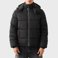 Mens Black Puffer Hooded Jacket Leather Jacket unisex front product view | Dash Racegear — Mens Black Down Hooded Jacket