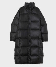 Black Puffer Long Coat Coat unisex front product view | Dash Racegear — Mens & Womens Long Black Puffer Coat