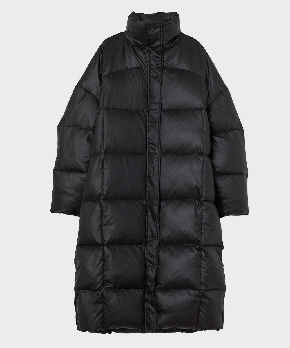 Black Puffer Long Coat Coat unisex front product view | Dash Racegear — Mens & Womens Long Black Puffer Coat