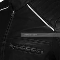 Mens Black Retro Cafe Racer Leather Jacket Leather Jacket men detail view 2 | Dash Racegear — Black and White Cafe Racer Retro Jacket