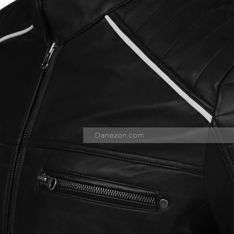 Mens Black Retro Cafe Racer Leather Jacket Leather Jacket men detail view 2 | Dash Racegear — Black and White Cafe Racer Retro Jacket