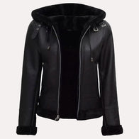 Womens Black Leather Hooded Shearling Jacket Leather Jacket women detail view 2 | Dash Racegear — Black Leather Hooded Shearling Jacket