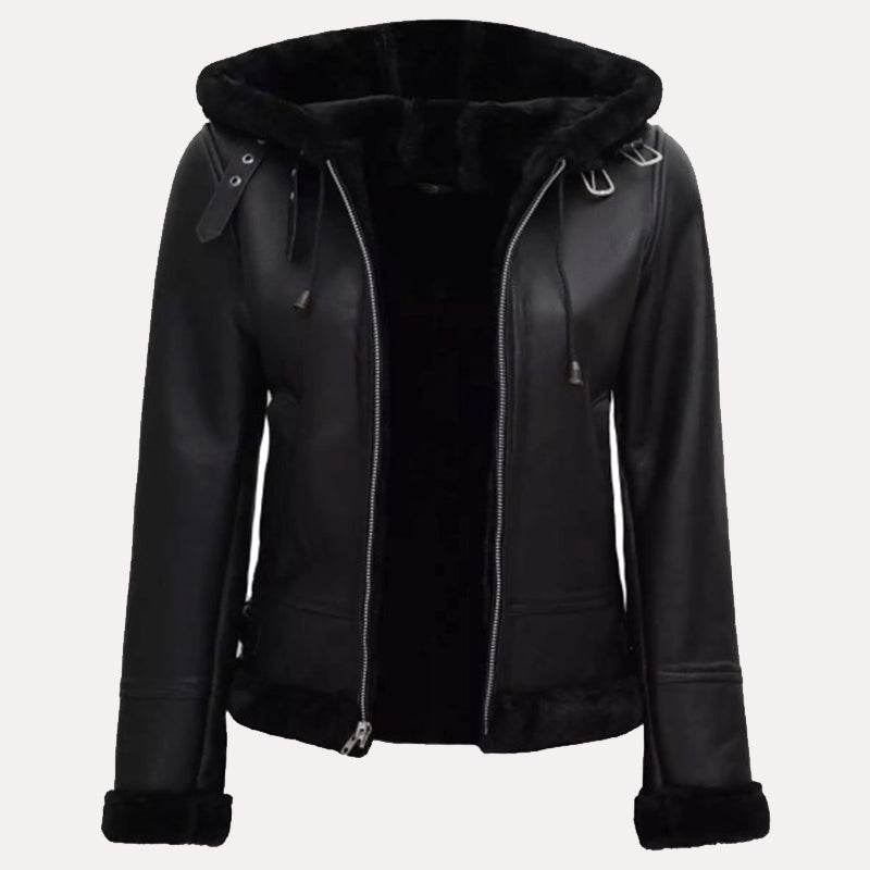 Womens Black Leather Hooded Shearling Jacket Leather Jacket women detail view 2 | Dash Racegear — Black Leather Hooded Shearling Jacket