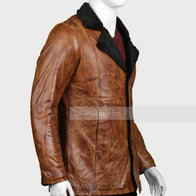 Mens Distressed Brown Shearling Leather Coat Leather Jacket men detail view 5 | Dash Racegear — Mens Black and Brown Shearling Leather Coat