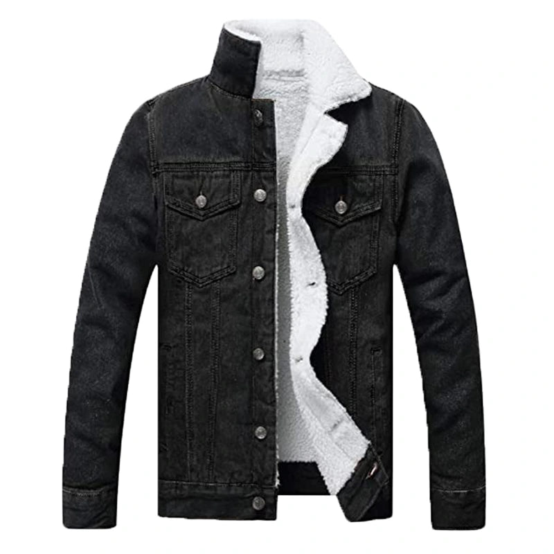 Mens Black Sherpa Denim Jacket Denim Jacket men front product view | Dash Racegear — Black Sherpa Denim Jacket